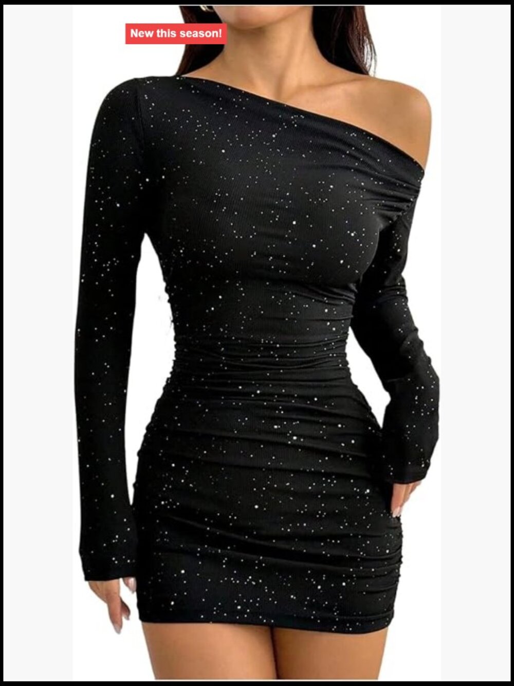 One Shoulder Long Sleeve Sparkly Mini Dress Bodycon Ruched Club Party